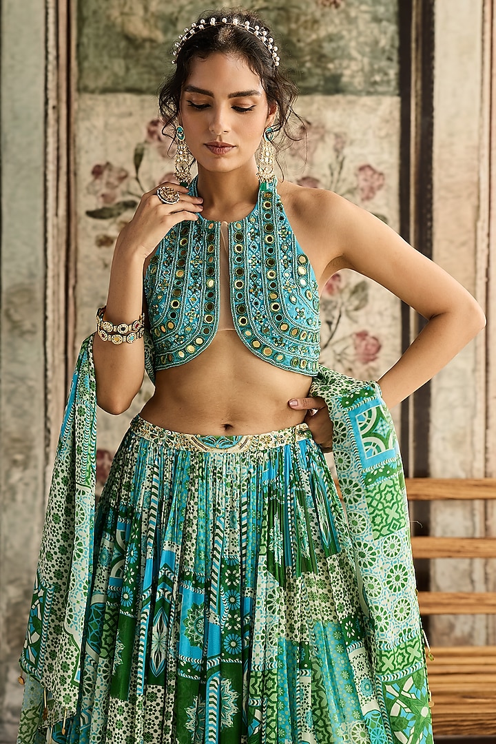 Aqua Blue Tulle & Georgette Printed Wedding Lehenga Set by DiyaRajvvir at Pernia's Pop Up Shop