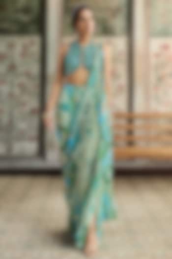 Aqua Blue Tulle & Georgette Printed Pleated Pant Wedding Saree Set by DiyaRajvvir at Pernia's Pop Up Shop
