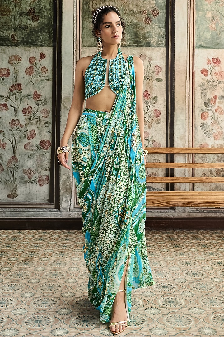 Aqua Blue Tulle & Georgette Printed Pleated Pant Wedding Saree Set by DiyaRajvvir at Pernia's Pop Up Shop