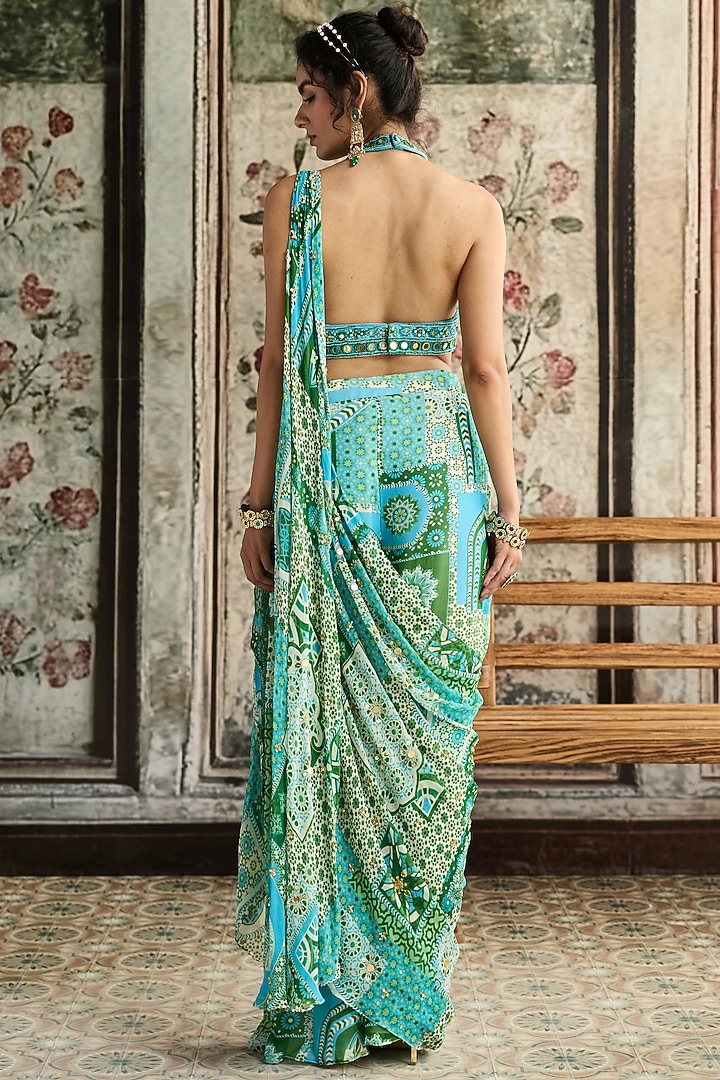 Aqua Blue Tulle & Georgette Printed Pleated Pant Wedding Saree Set by DiyaRajvvir at Pernia's Pop Up Shop
