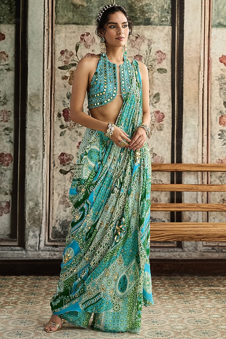 Aqua Blue Tulle & Georgette Printed Pleated Pant Wedding Saree Set by DiyaRajvvir at Pernia's Pop Up Shop