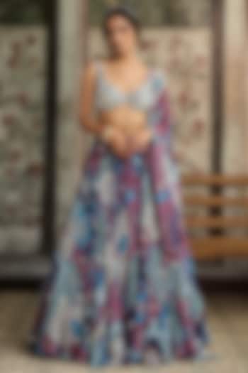 Teal Blue Crepe & Georgette Boota Printed Wedding Lehenga Set by DiyaRajvvir at Pernia's Pop Up Shop