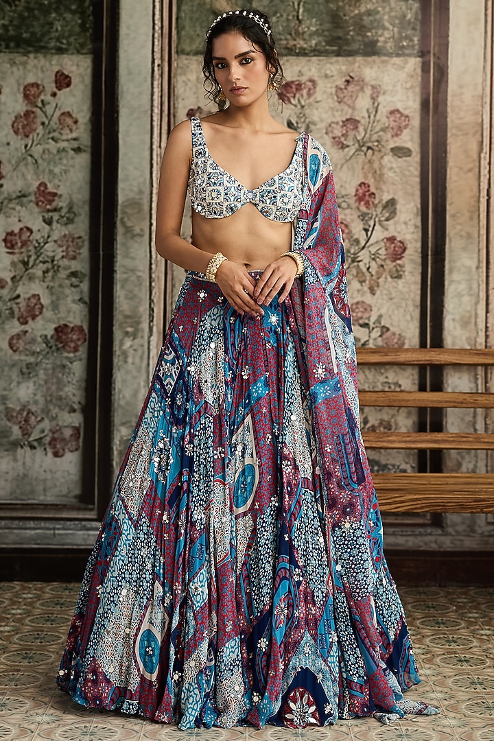 Teal Blue Crepe & Georgette Boota Printed Wedding Lehenga Set by DiyaRajvvir at Pernia's Pop Up Shop