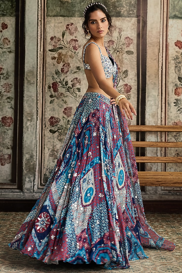 Teal Blue Crepe & Georgette Boota Printed Wedding Lehenga Set by DiyaRajvvir at Pernia's Pop Up Shop
