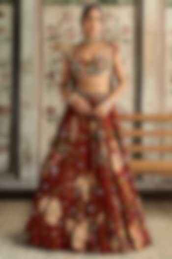 Rust Crepe & Georgette Floral Printed Wedding Lehenga Set by DiyaRajvvir at Pernia's Pop Up Shop