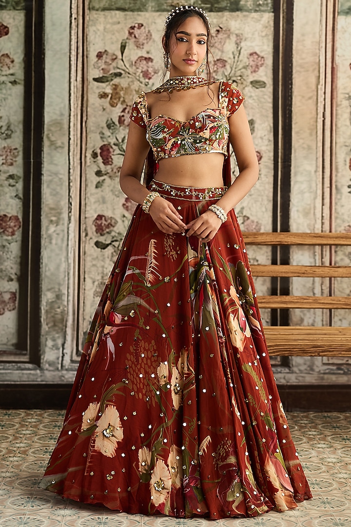 Rust Crepe & Georgette Floral Printed Wedding Lehenga Set by DiyaRajvvir at Pernia's Pop Up Shop
