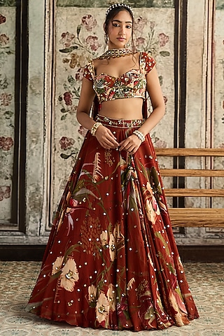 Rust Crepe & Georgette Floral Printed Lehenga Set by DiyaRajvvir