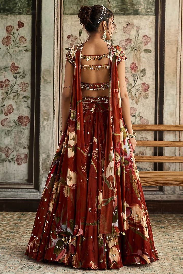 Rust Crepe & Georgette Floral Printed Wedding Lehenga Set by DiyaRajvvir at Pernia's Pop Up Shop