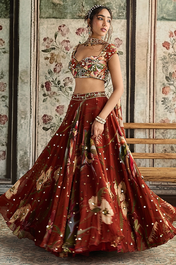 Rust Crepe & Georgette Floral Printed Wedding Lehenga Set by DiyaRajvvir at Pernia's Pop Up Shop