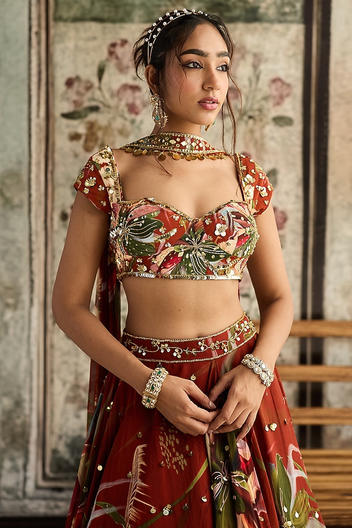 Rust Crepe & Georgette Floral Printed Wedding Lehenga Set by DiyaRajvvir at Pernia's Pop Up Shop