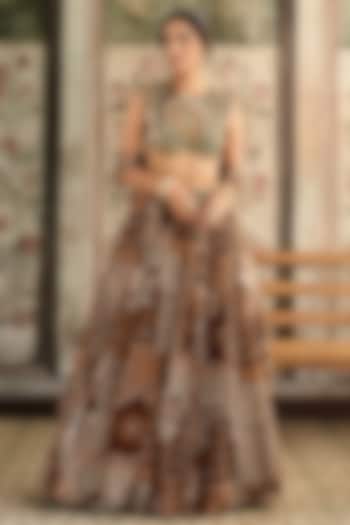 Caramel Brown Georgette Jaal Printed Wedding Lehenga Set by DiyaRajvvir at Pernia's Pop Up Shop