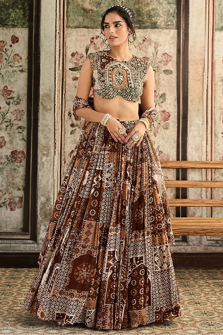 Caramel Brown Georgette Jaal Printed Wedding Lehenga Set by DiyaRajvvir at Pernia's Pop Up Shop