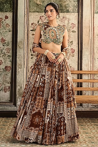 Caramel Brown Georgette Jaal Printed Lehenga Set by DiyaRajvvir