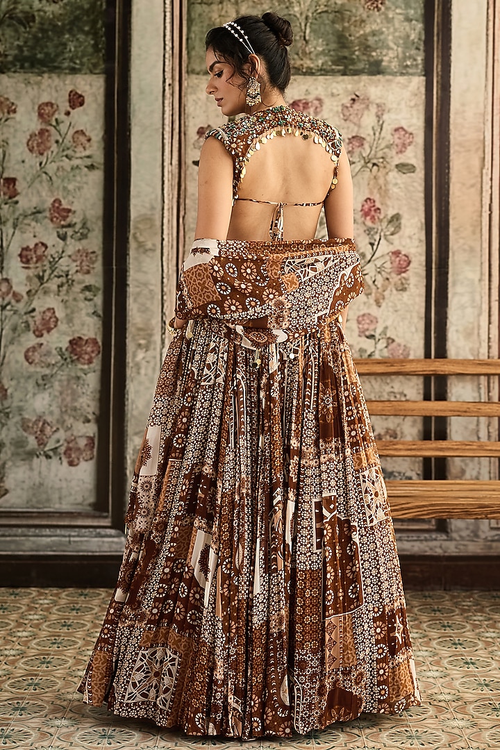 Caramel Brown Georgette Jaal Printed Wedding Lehenga Set by DiyaRajvvir at Pernia's Pop Up Shop