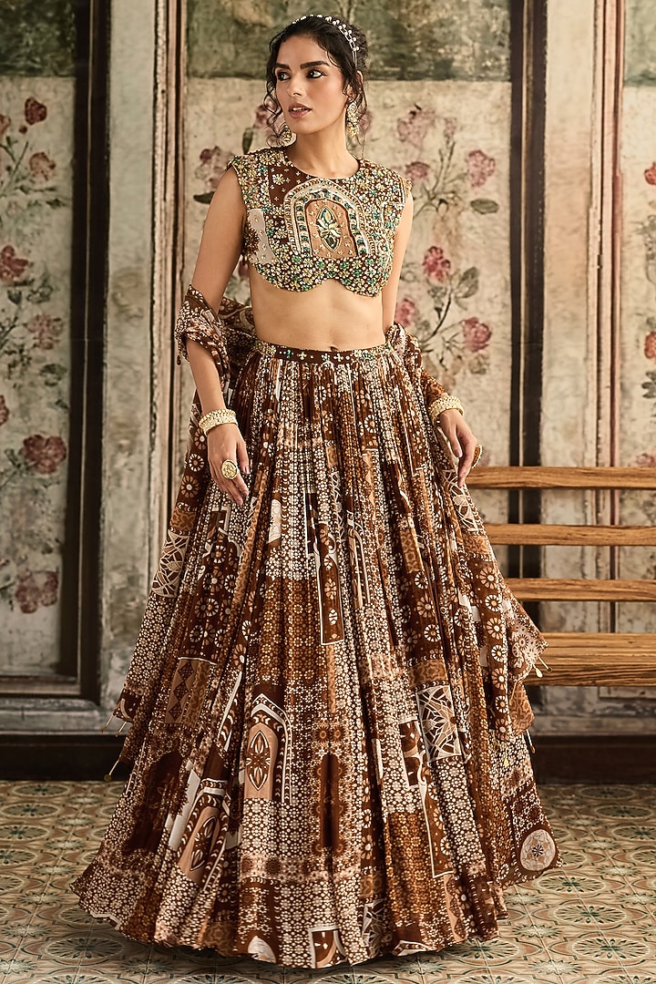 Caramel Brown Georgette Jaal Printed Wedding Lehenga Set by DiyaRajvvir at Pernia's Pop Up Shop