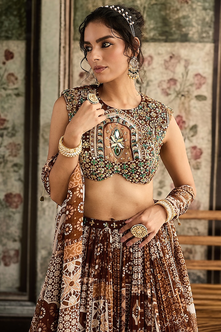 Caramel Brown Georgette Jaal Printed Wedding Lehenga Set by DiyaRajvvir at Pernia's Pop Up Shop