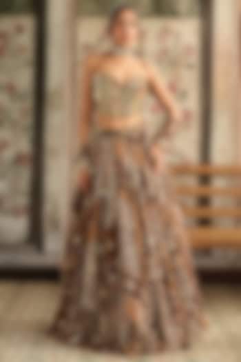 Caramel Brown Crepe & Georgette Jaal Printed Wedding Lehenga Set by DiyaRajvvir at Pernia's Pop Up Shop