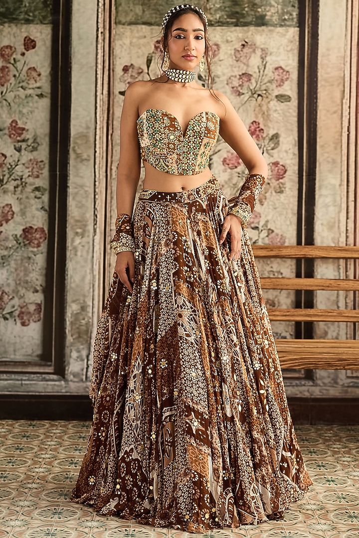 Caramel Brown Crepe & Georgette Jaal Printed Wedding Lehenga Set by DiyaRajvvir at Pernia's Pop Up Shop