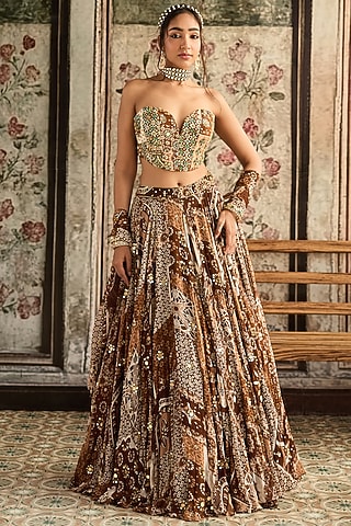 Caramel Brown Crepe & Georgette Jaal Printed Lehenga Set by DiyaRajvvir