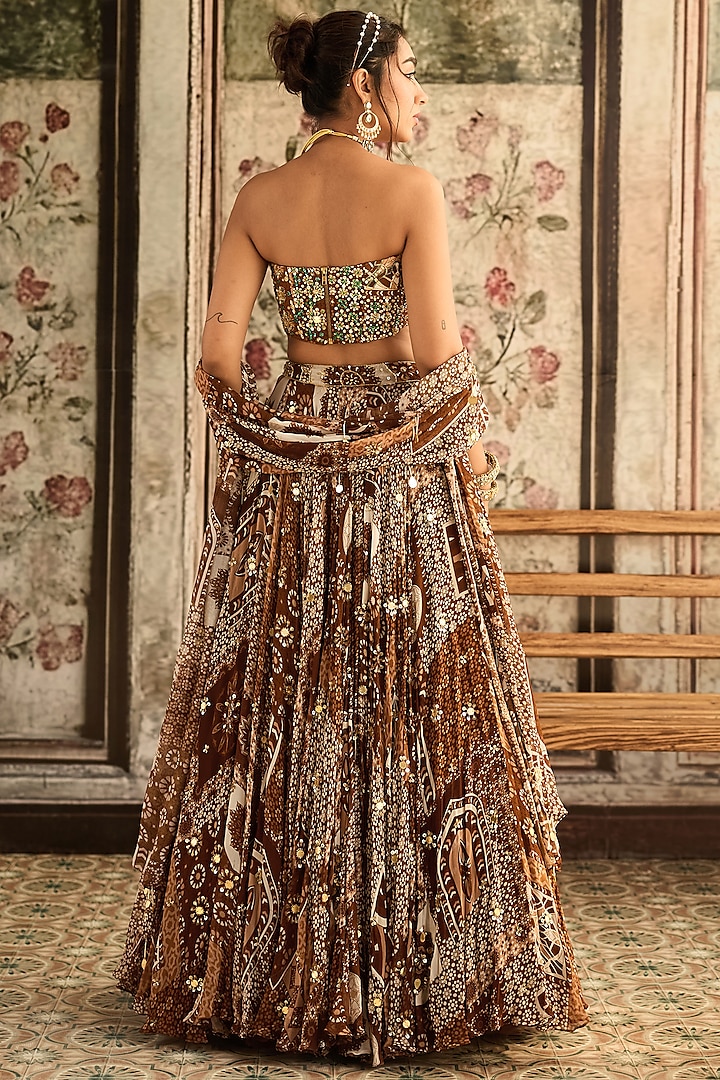 Caramel Brown Crepe & Georgette Jaal Printed Wedding Lehenga Set by DiyaRajvvir at Pernia's Pop Up Shop