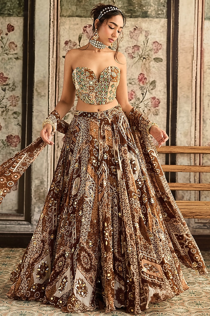 Caramel Brown Crepe & Georgette Jaal Printed Wedding Lehenga Set by DiyaRajvvir at Pernia's Pop Up Shop
