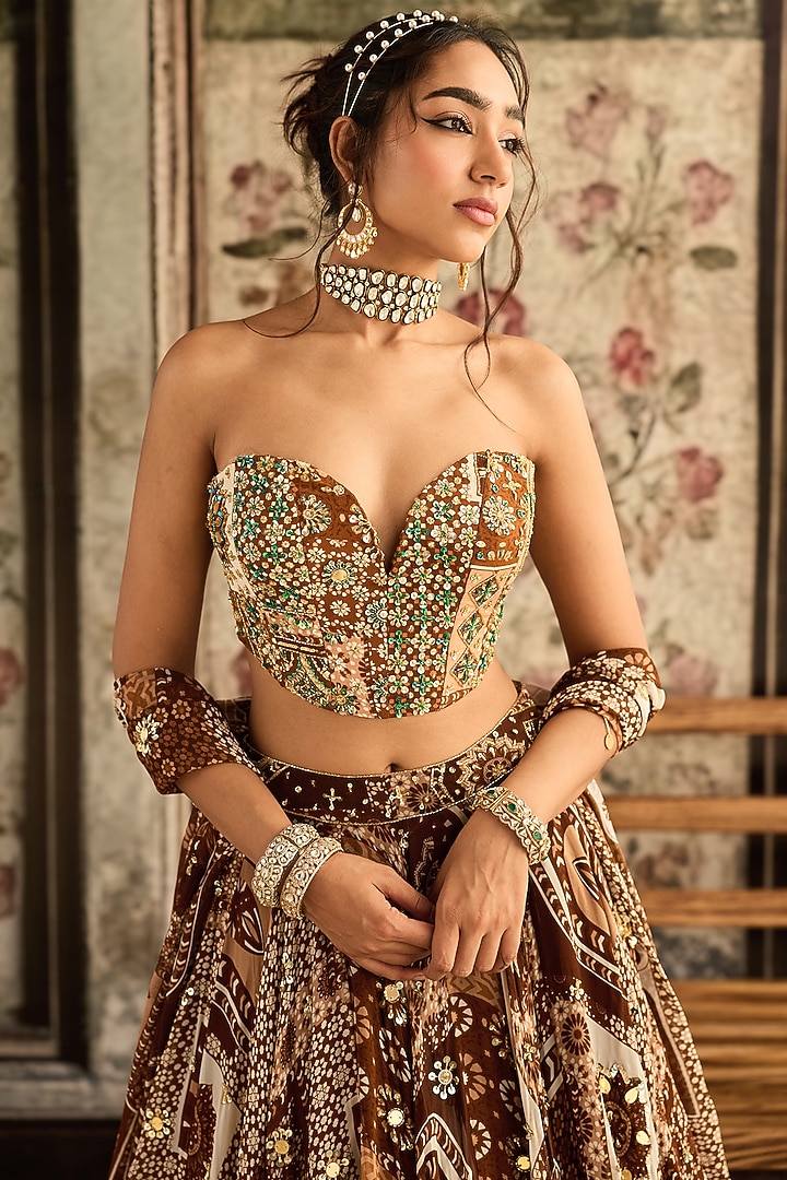 Caramel Brown Crepe & Georgette Jaal Printed Wedding Lehenga Set by DiyaRajvvir at Pernia's Pop Up Shop