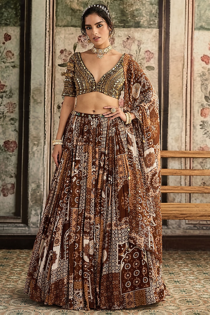 Caramel Brown Tulle & Georgette Jaal Printed Wedding Lehenga Set by DiyaRajvvir at Pernia's Pop Up Shop