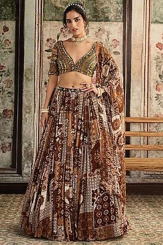 Caramel Brown Tulle & Georgette Jaal Printed Lehenga Set by DiyaRajvvir