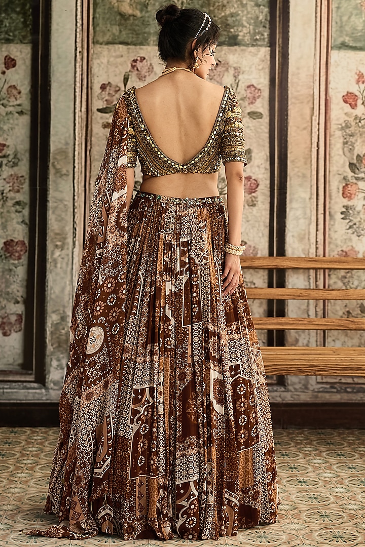 Caramel Brown Tulle & Georgette Jaal Printed Wedding Lehenga Set by DiyaRajvvir at Pernia's Pop Up Shop