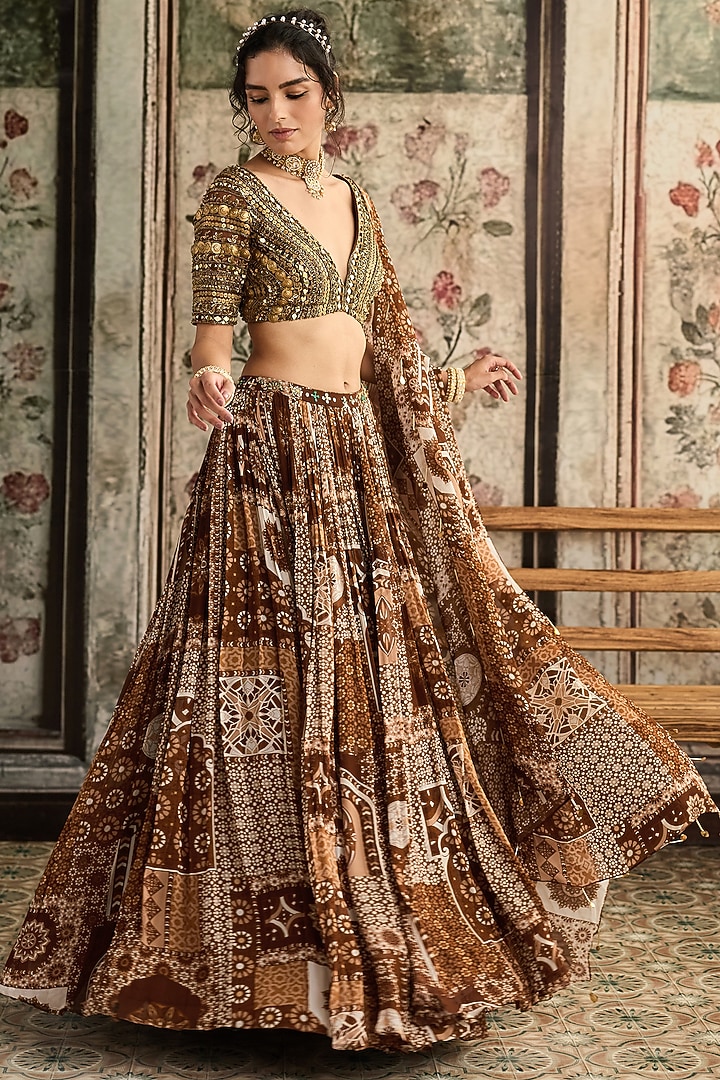 Caramel Brown Tulle & Georgette Jaal Printed Wedding Lehenga Set by DiyaRajvvir at Pernia's Pop Up Shop