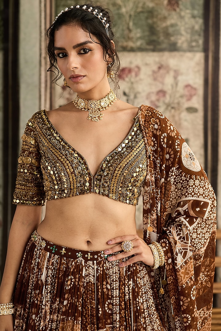 Caramel Brown Tulle & Georgette Jaal Printed Wedding Lehenga Set by DiyaRajvvir at Pernia's Pop Up Shop