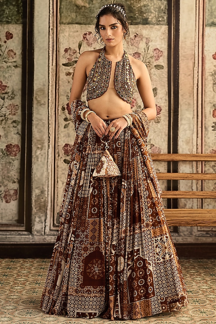 Caramel Brown Tulle & Georgette Jaal Printed Wedding Lehenga Set by DiyaRajvvir at Pernia's Pop Up Shop
