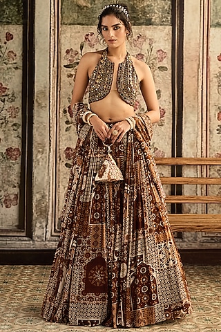 Caramel Brown Tulle & Georgette Jaal Printed Lehenga Set by DiyaRajvvir