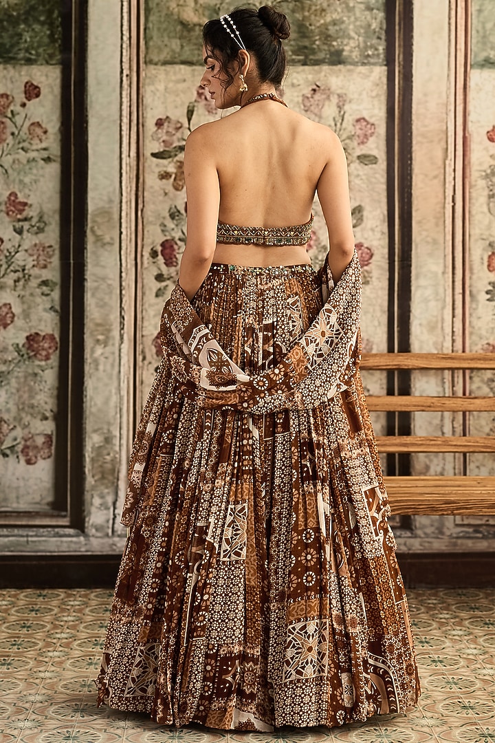 Caramel Brown Tulle & Georgette Jaal Printed Wedding Lehenga Set by DiyaRajvvir at Pernia's Pop Up Shop