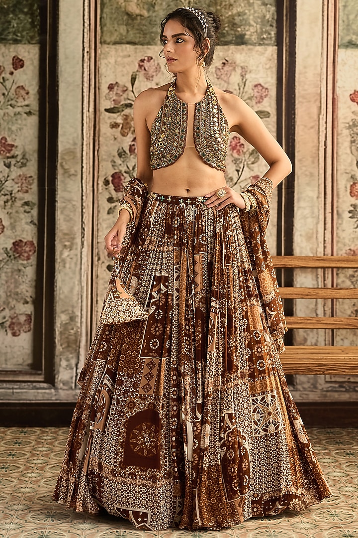 Caramel Brown Tulle & Georgette Jaal Printed Wedding Lehenga Set by DiyaRajvvir at Pernia's Pop Up Shop