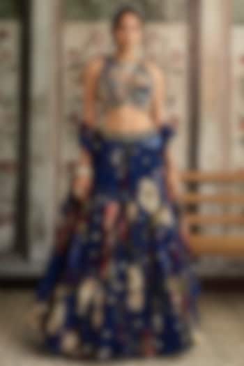Blue Crepe & Organza Floral Printed Wedding Lehenga Set by DiyaRajvvir at Pernia's Pop Up Shop