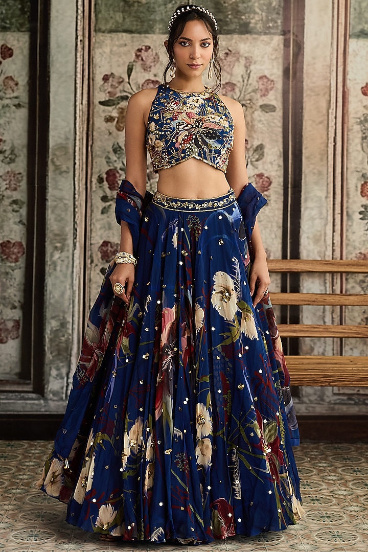 Blue Crepe & Organza Floral Printed Wedding Lehenga Set by DiyaRajvvir at Pernia's Pop Up Shop
