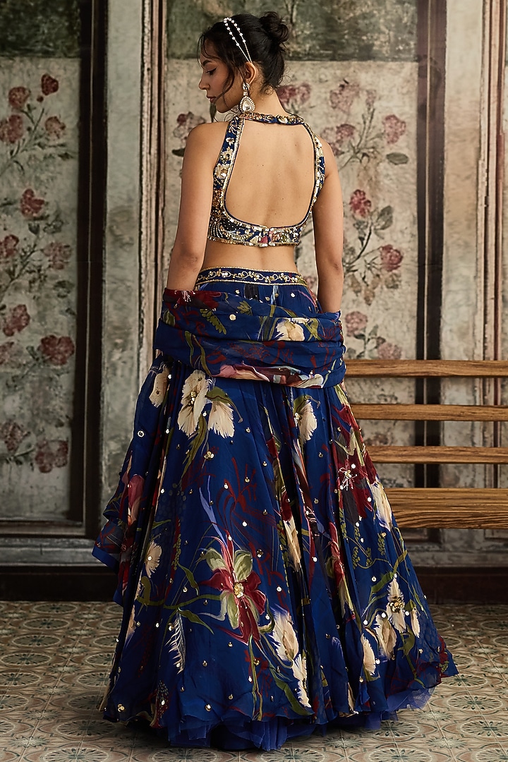 Blue Crepe & Organza Floral Printed Wedding Lehenga Set by DiyaRajvvir at Pernia's Pop Up Shop