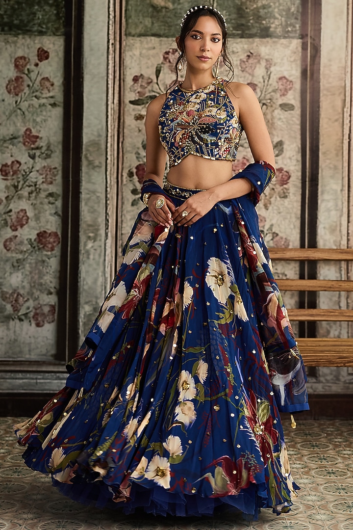 Blue Crepe & Organza Floral Printed Wedding Lehenga Set by DiyaRajvvir at Pernia's Pop Up Shop