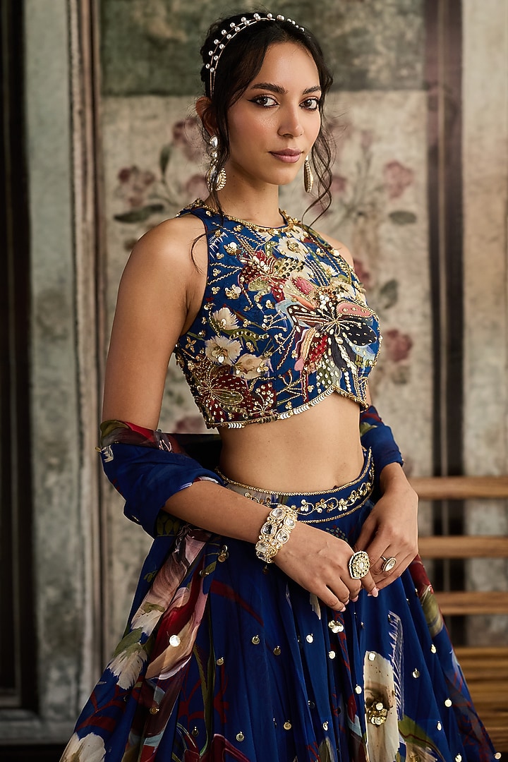 Blue Crepe & Organza Floral Printed Wedding Lehenga Set by DiyaRajvvir at Pernia's Pop Up Shop