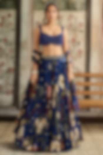 Blue Tulle & Organza Floral Printed Wedding Lehenga Set by DiyaRajvvir at Pernia's Pop Up Shop
