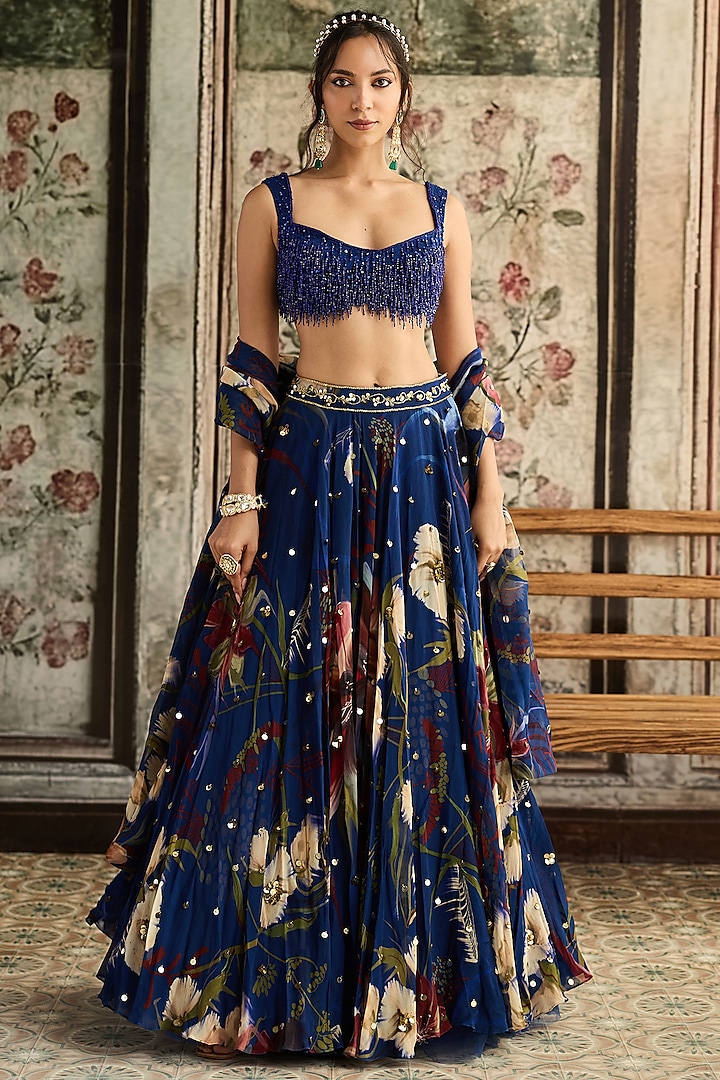 Blue Tulle & Organza Floral Printed Wedding Lehenga Set by DiyaRajvvir at Pernia's Pop Up Shop
