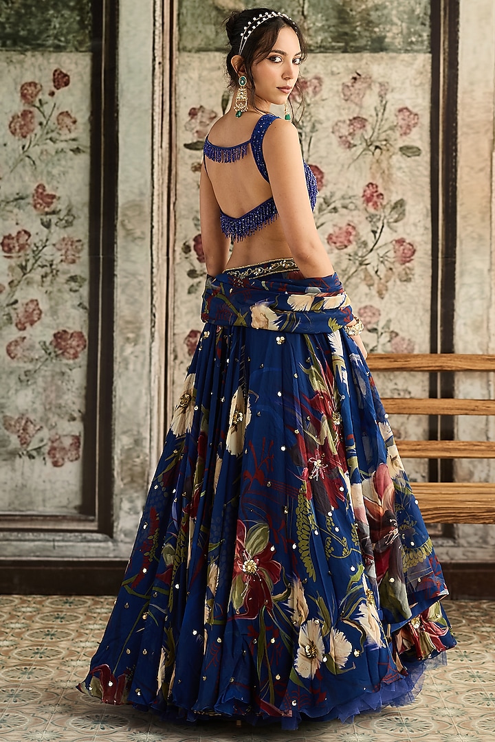 Blue Tulle & Organza Floral Printed Wedding Lehenga Set by DiyaRajvvir at Pernia's Pop Up Shop