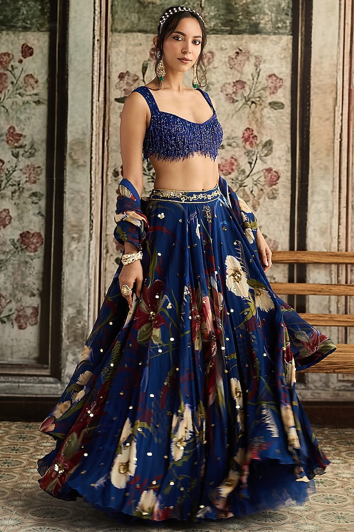 Blue Tulle & Organza Floral Printed Wedding Lehenga Set by DiyaRajvvir at Pernia's Pop Up Shop