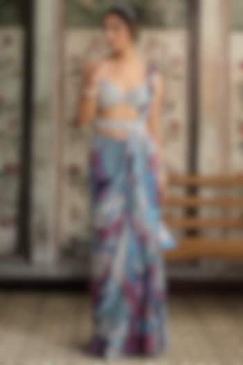 Teal Blue Crepe & Georgette Boota Printed Tiered Gharara Wedding Saree Set by DiyaRajvvir at Pernia's Pop Up Shop