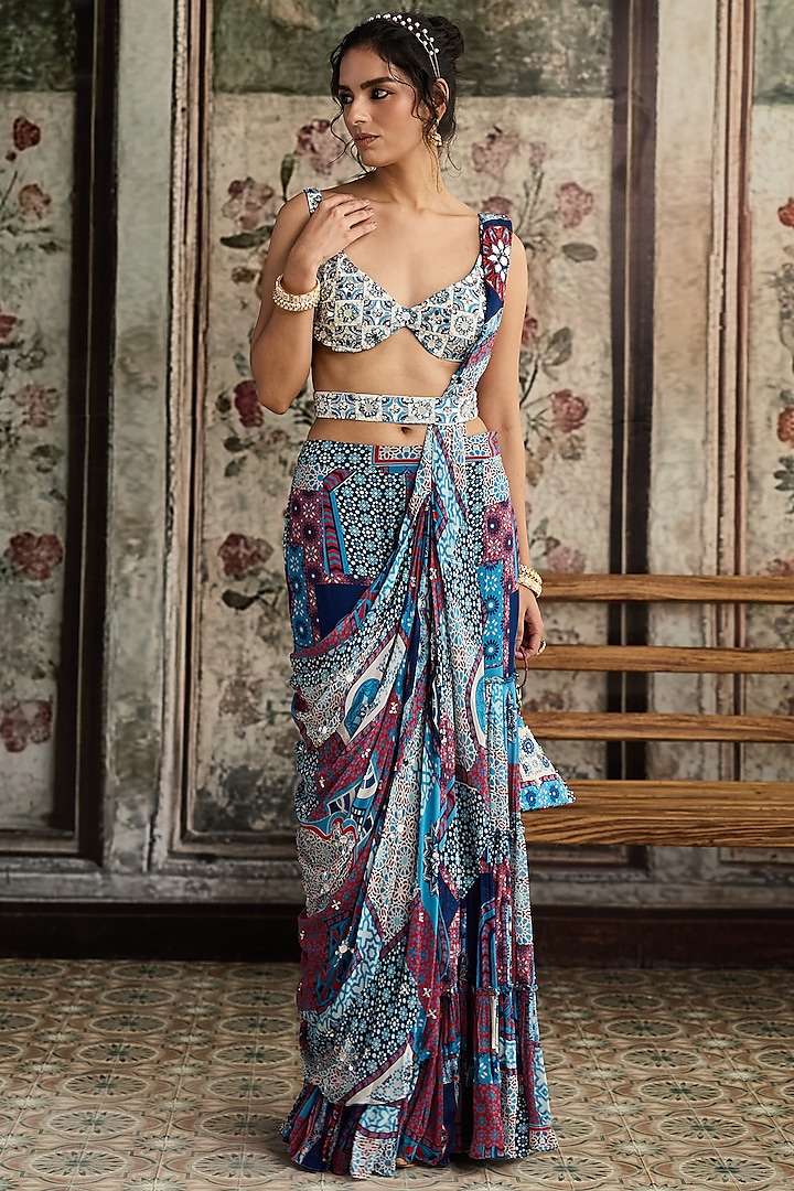Teal Blue Crepe & Georgette Boota Printed Tiered Gharara Wedding Saree Set by DiyaRajvvir at Pernia's Pop Up Shop