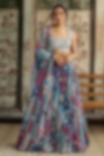 Teal Blue Crepe & Georgette Printed Wedding Lehenga Set by DiyaRajvvir at Pernia's Pop Up Shop