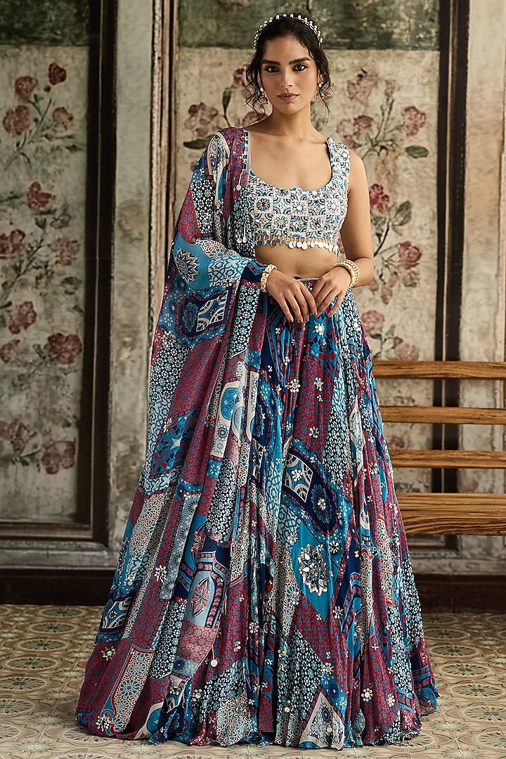 Teal Blue Crepe & Georgette Printed Wedding Lehenga Set by DiyaRajvvir at Pernia's Pop Up Shop