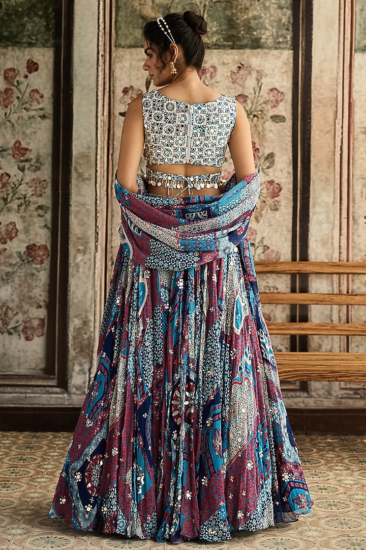 Teal Blue Crepe & Georgette Printed Wedding Lehenga Set by DiyaRajvvir at Pernia's Pop Up Shop