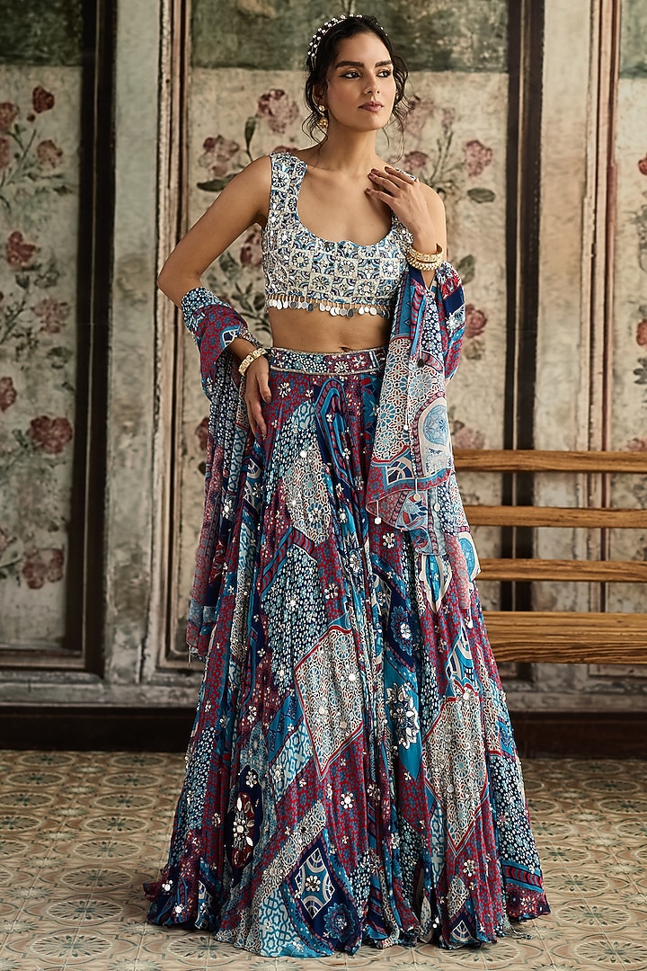 Teal Blue Crepe & Georgette Printed Wedding Lehenga Set by DiyaRajvvir at Pernia's Pop Up Shop